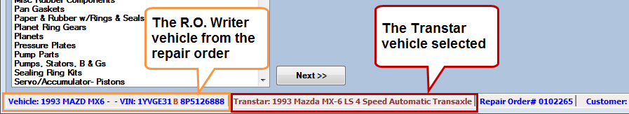 The Smart eCat windwo showing the vehicle information from R.O. Writer and the Transtar vehicle selected at the bottom of the window.
